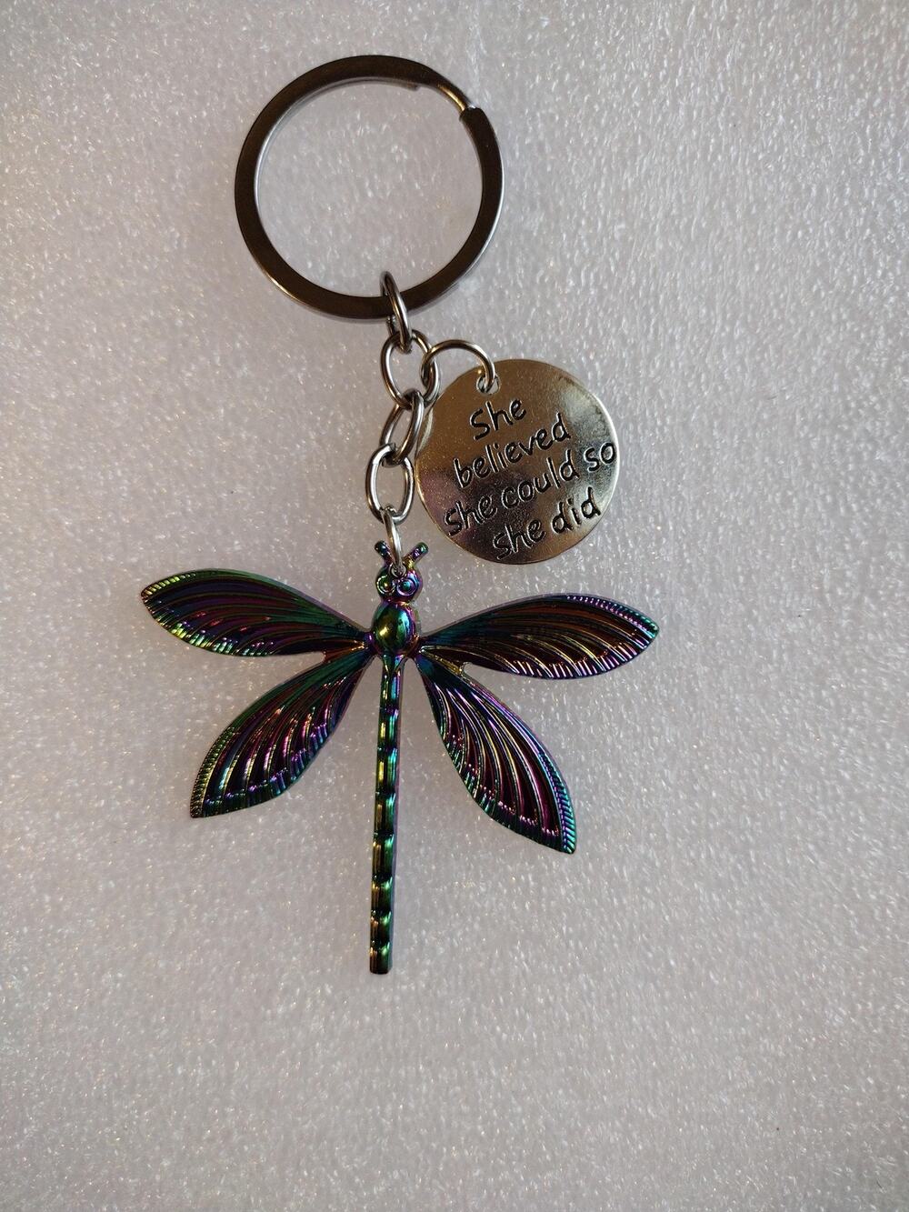 Rainbow Dragonfly Metal Keychain Car Accessory She Believed Quote Gift Key Ring